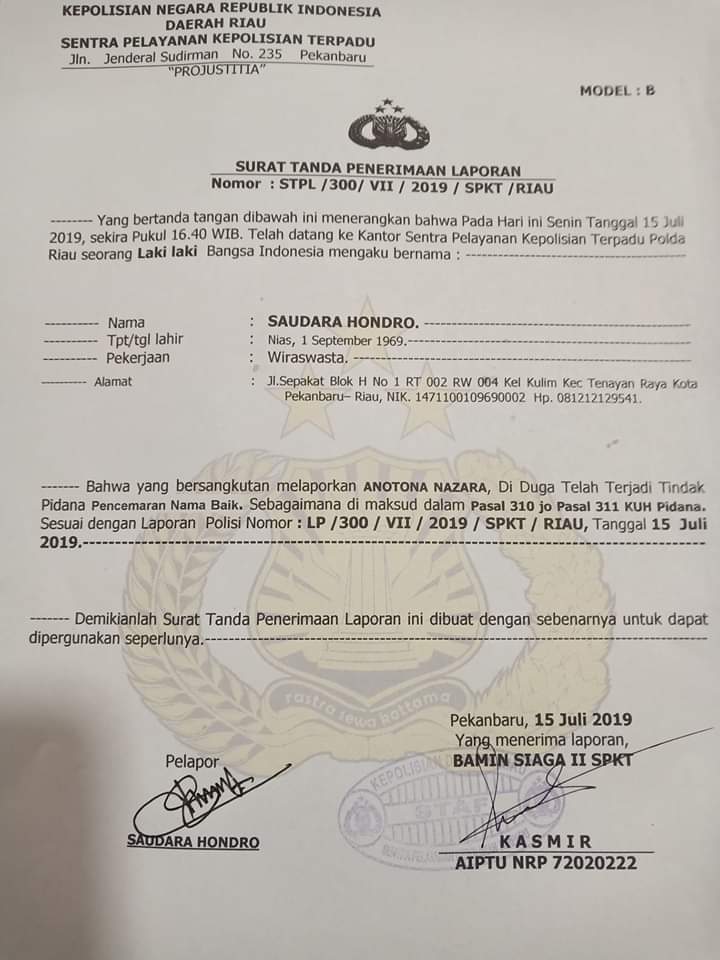 Ketua Imo Riau Laporkan Anatona Nazara Ke Polda Riau Kabar Nusantara News Barometer Indonesia